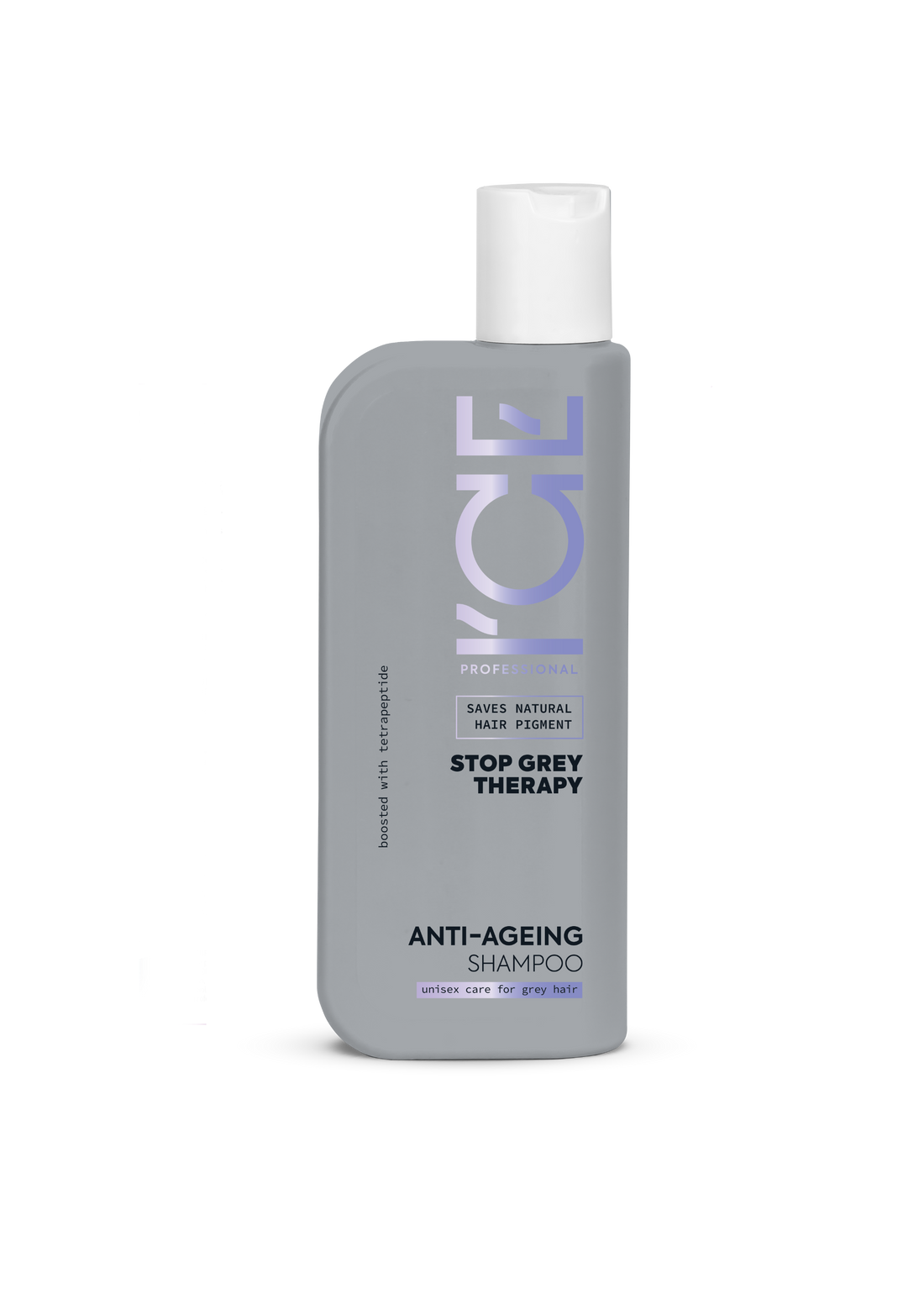 ICE Stop Grey Therapy shampoo bottle on a white background