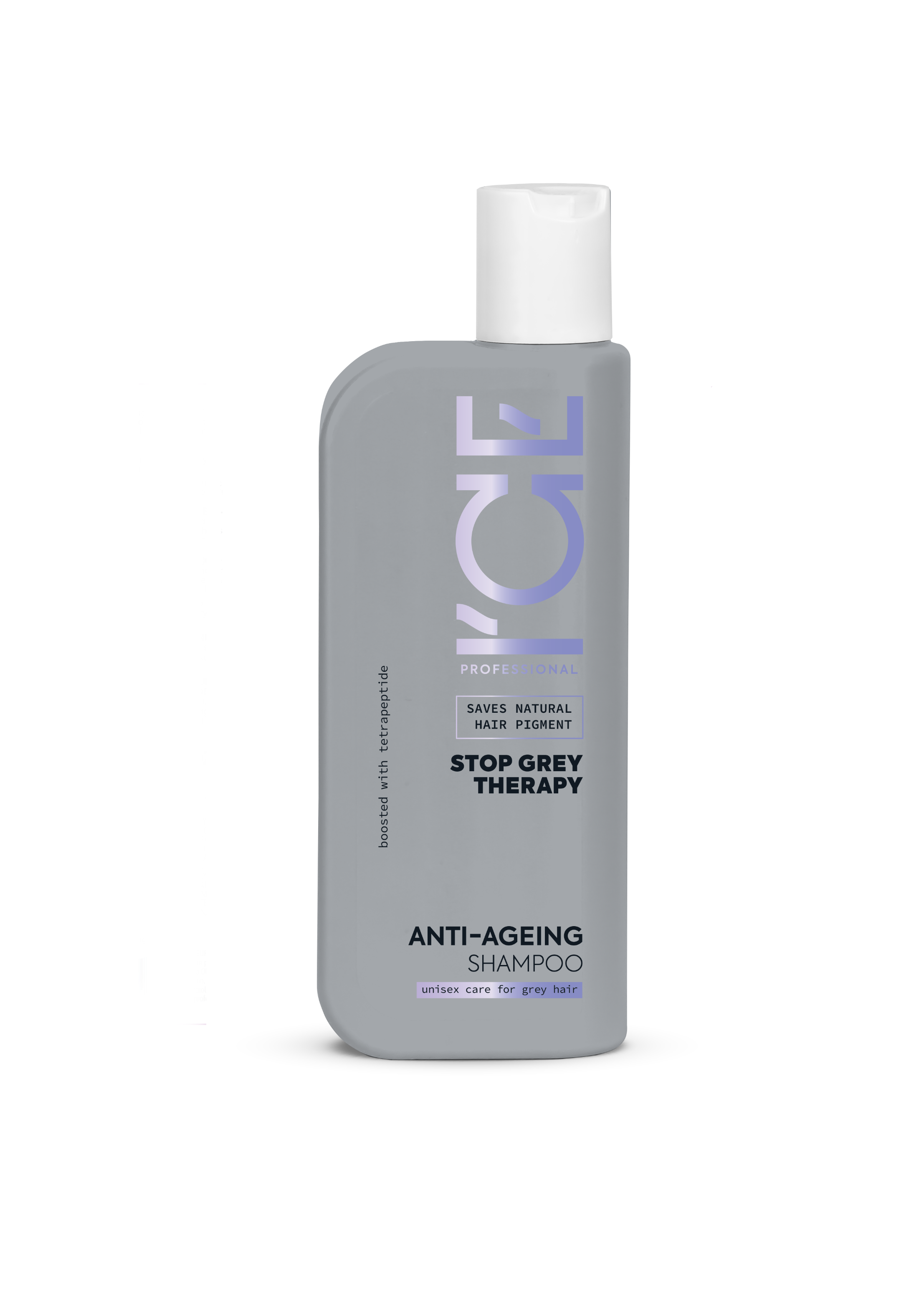 ICE Stop Grey Therapy shampoo bottle on a white background