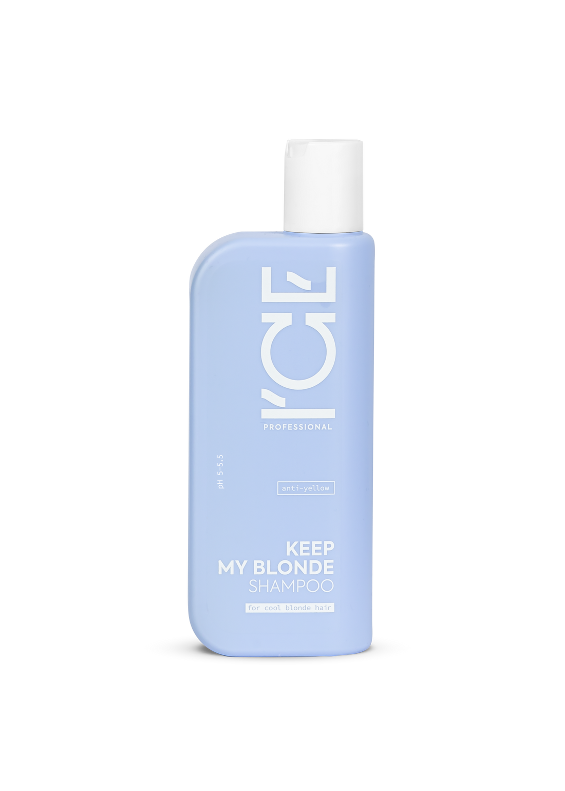 Blue shampoo bottle with white cap for blonde hair on a white background