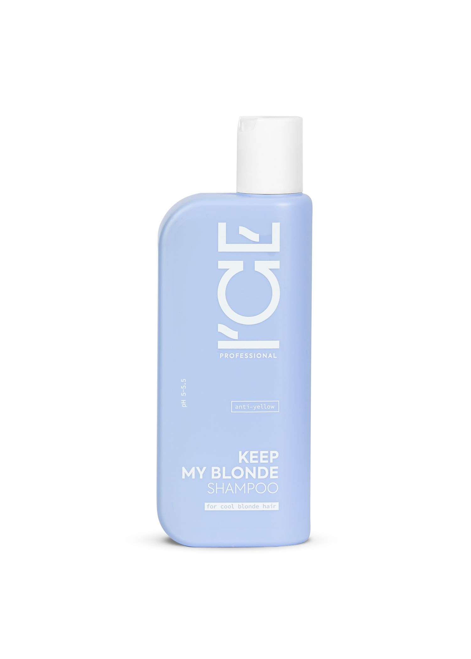 Blue shampoo bottle with white cap for blonde hair on a white background