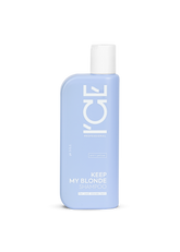 Blue shampoo bottle with white cap for blonde hair on a white background