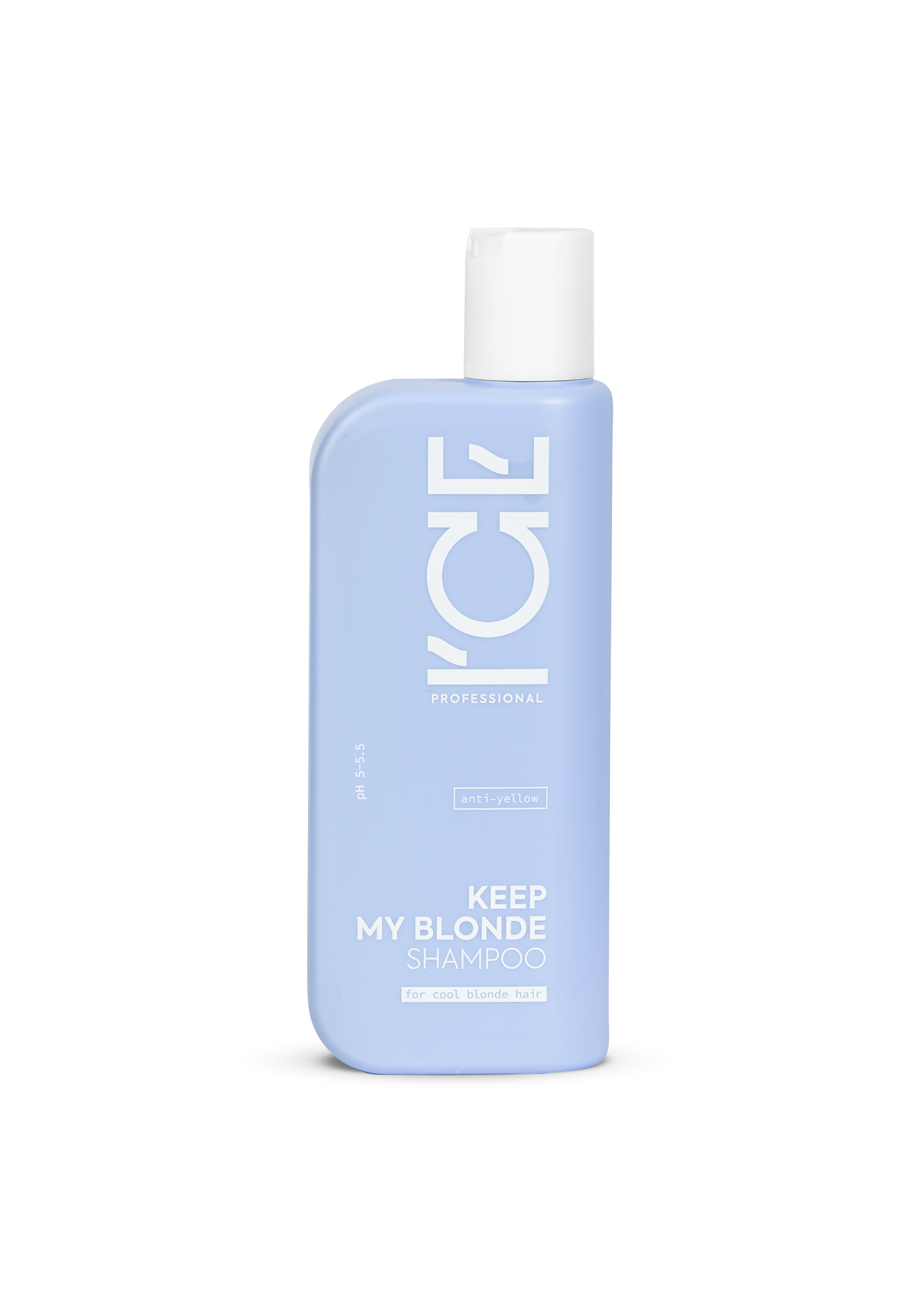 Blue shampoo bottle with white cap for blonde hair on a white background